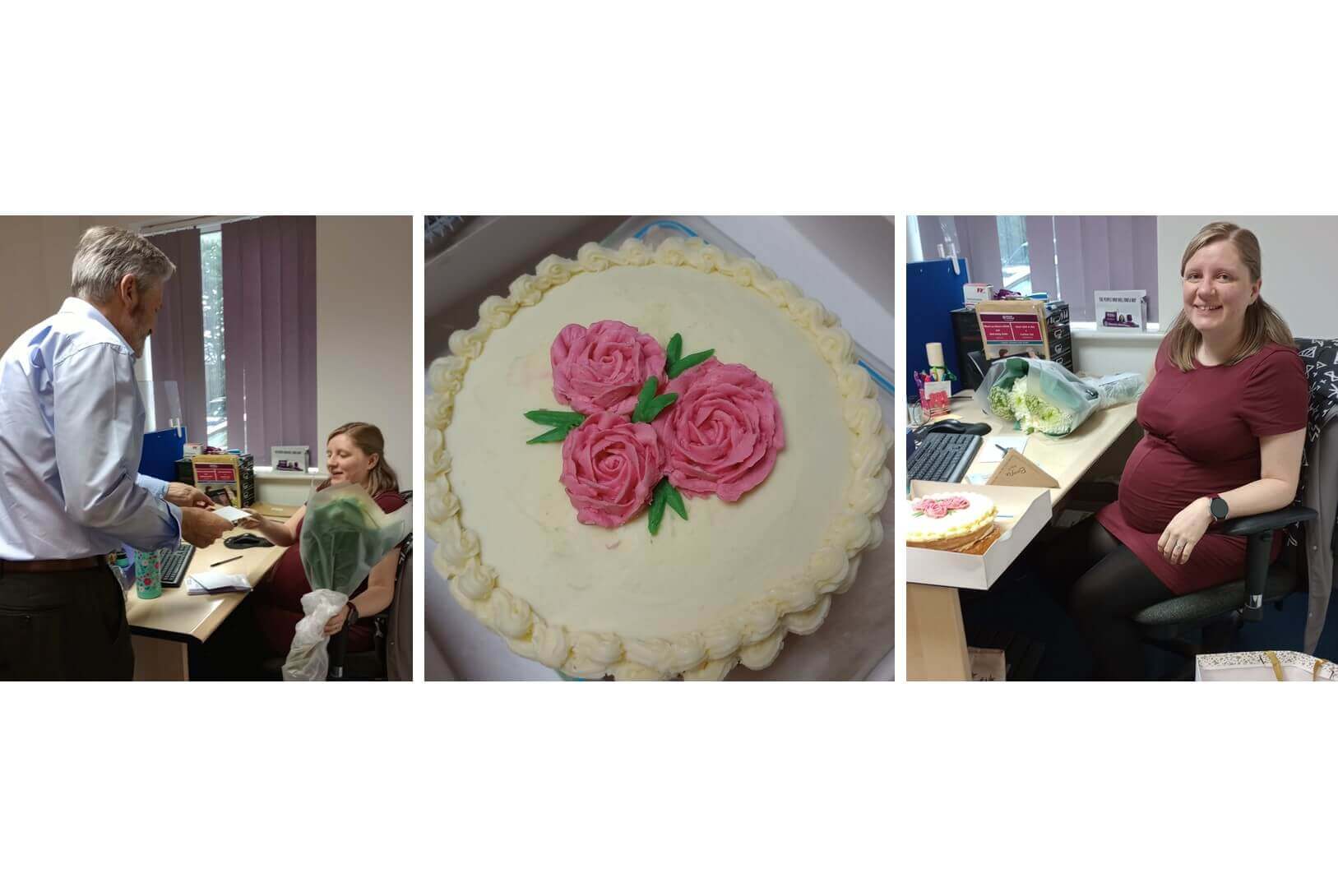 Three-panel image showing a woman receiving a decorated cake at her office desk. - Home Instead