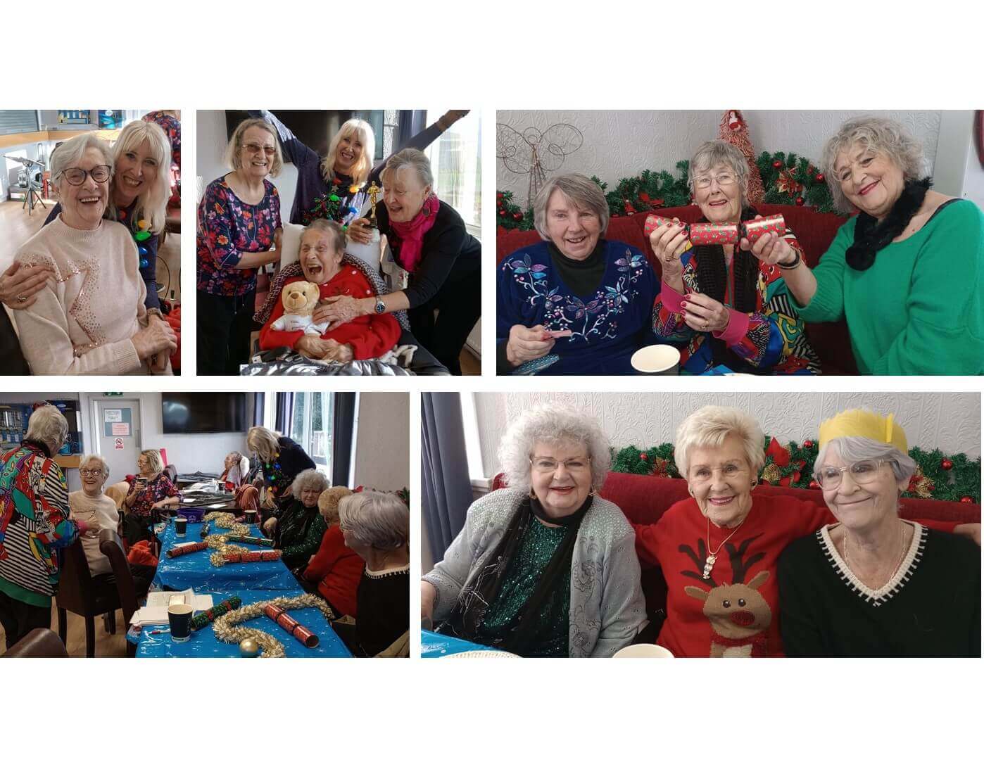 A group of elderly women and caregivers celebrating Christmas together, smiling, and wearing festive attire. - Home Instead