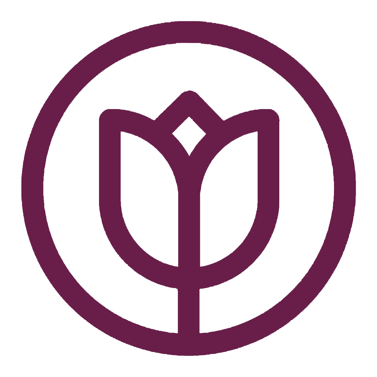 A simple maroon tulip icon enclosed in a circle. - Home Instead