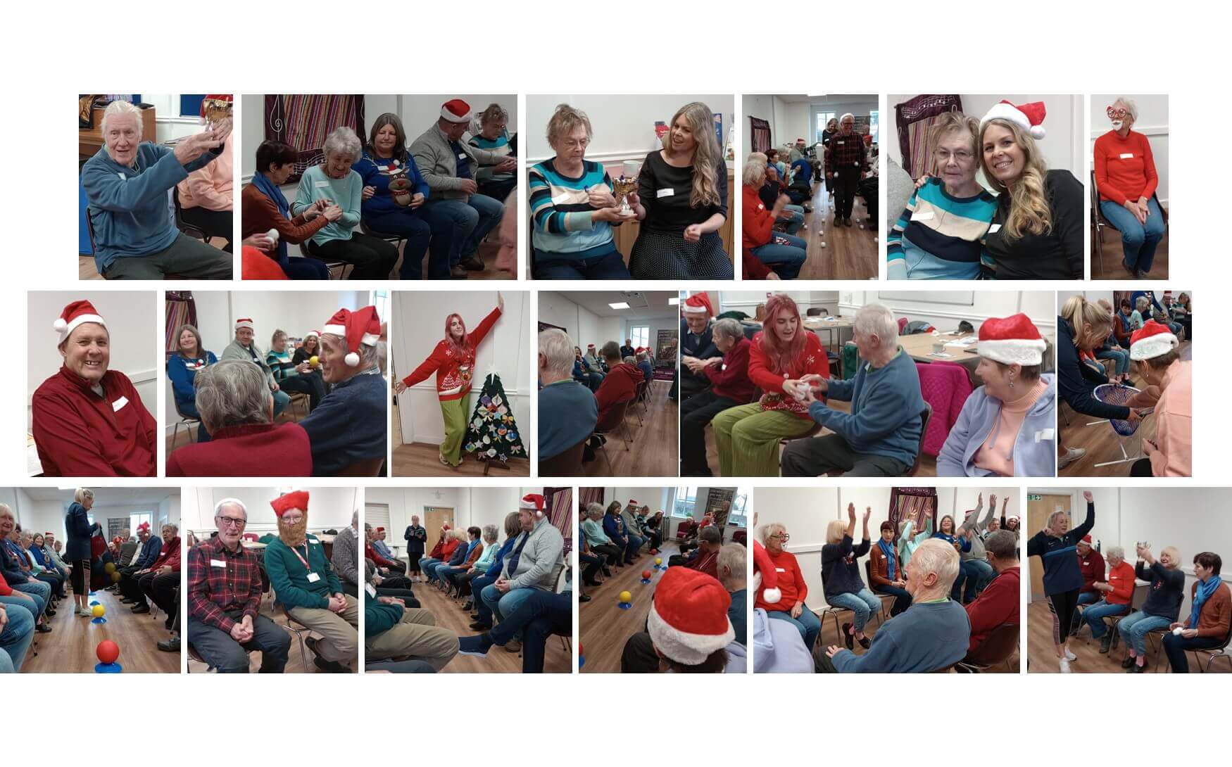 Group of people in holiday attire enjoying a festive gathering with games, gifts, and socializing. - Home Instead