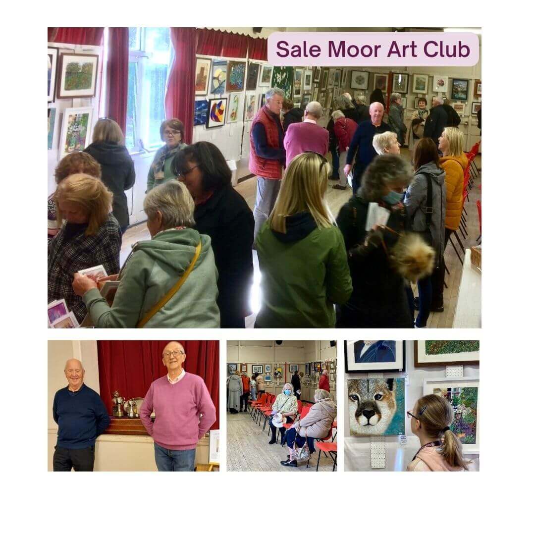People viewing artwork at the Sale Moor Art Club exhibit; some close-ups show individual paintings and attendees. - Home Instead