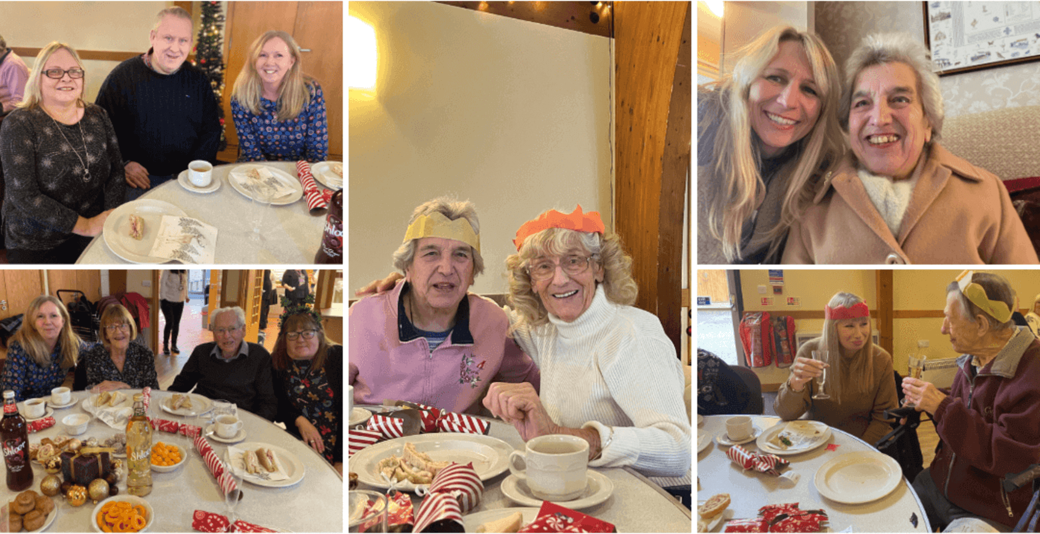 A collage of people enjoying a holiday meal together, wearing festive paper crowns and smiling at the camera. - Home Instead
