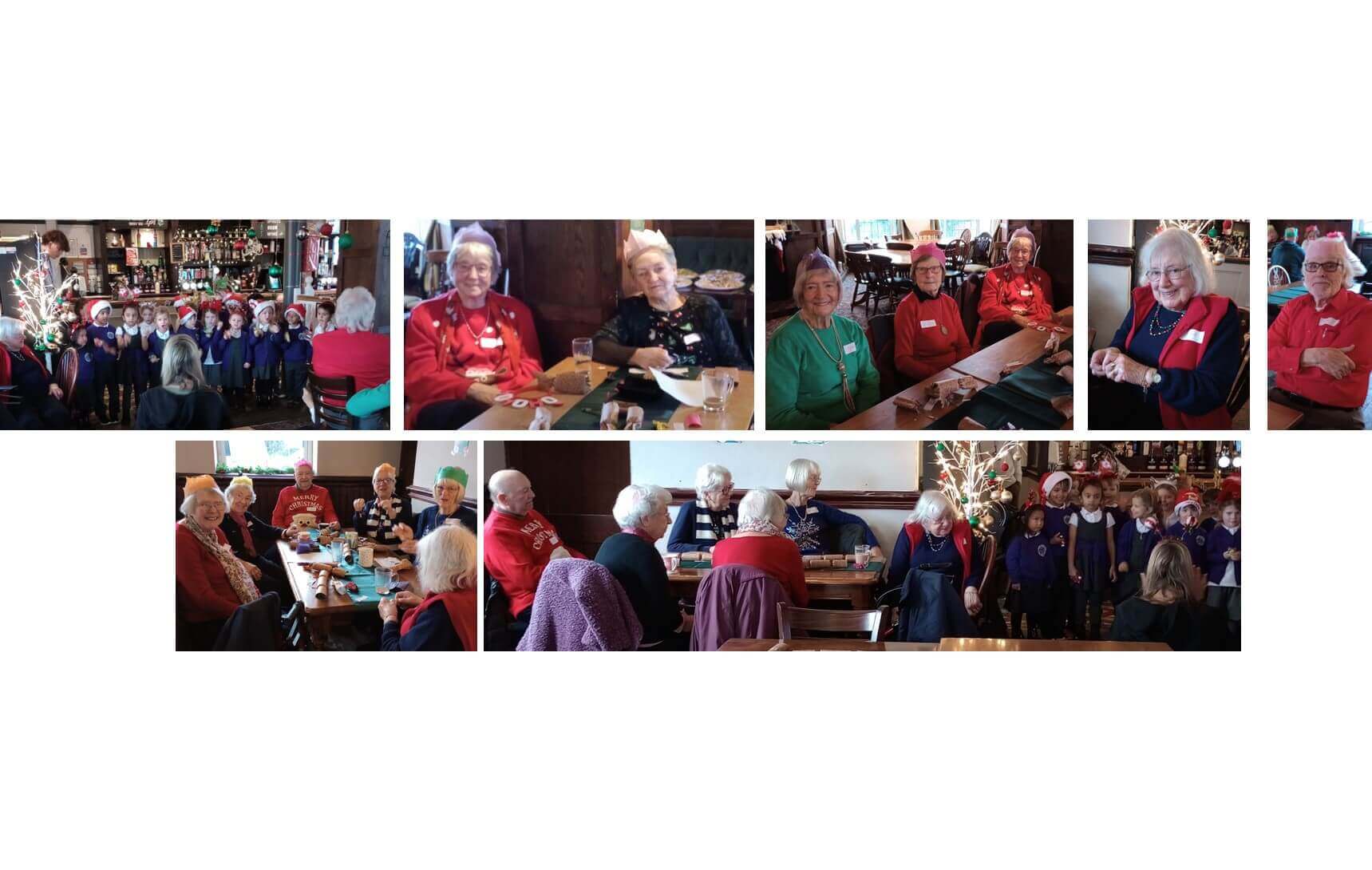 A collage of elderly people enjoying a Christmas gathering with a group of children, festive decorations are visible. - Home Instead