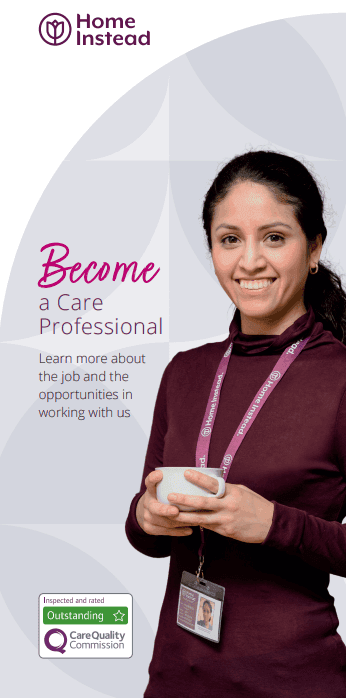 A smiling woman holding a cup, wearing a lanyard. Text: "Become a Care Professional" along with company logo and quality rating. - Home Instead