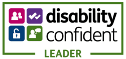 Logo with text: "Disability Confident Leader," featuring icons of people, a check mark, lock, and thought bubble. - Home Instead