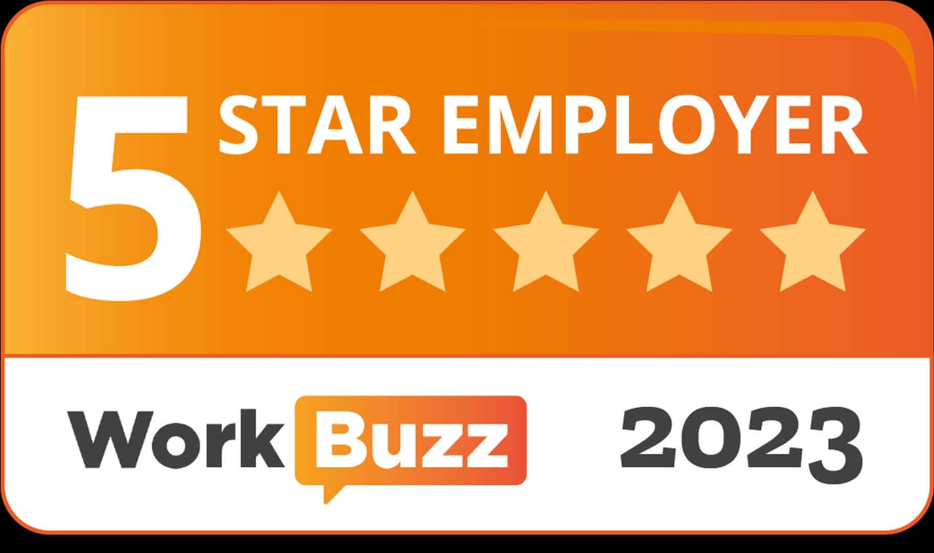 5 Star Employer badge from WorkBuzz 2023, featuring five gold stars on an orange background. - Home Instead