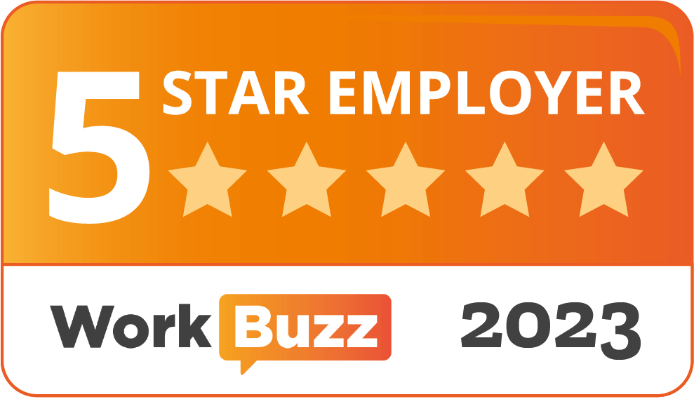 Orange and white badge with "5 Star Employer" and "WorkBuzz 2023" written on it, with five gold stars under "5 Star Employer". - Home Instead