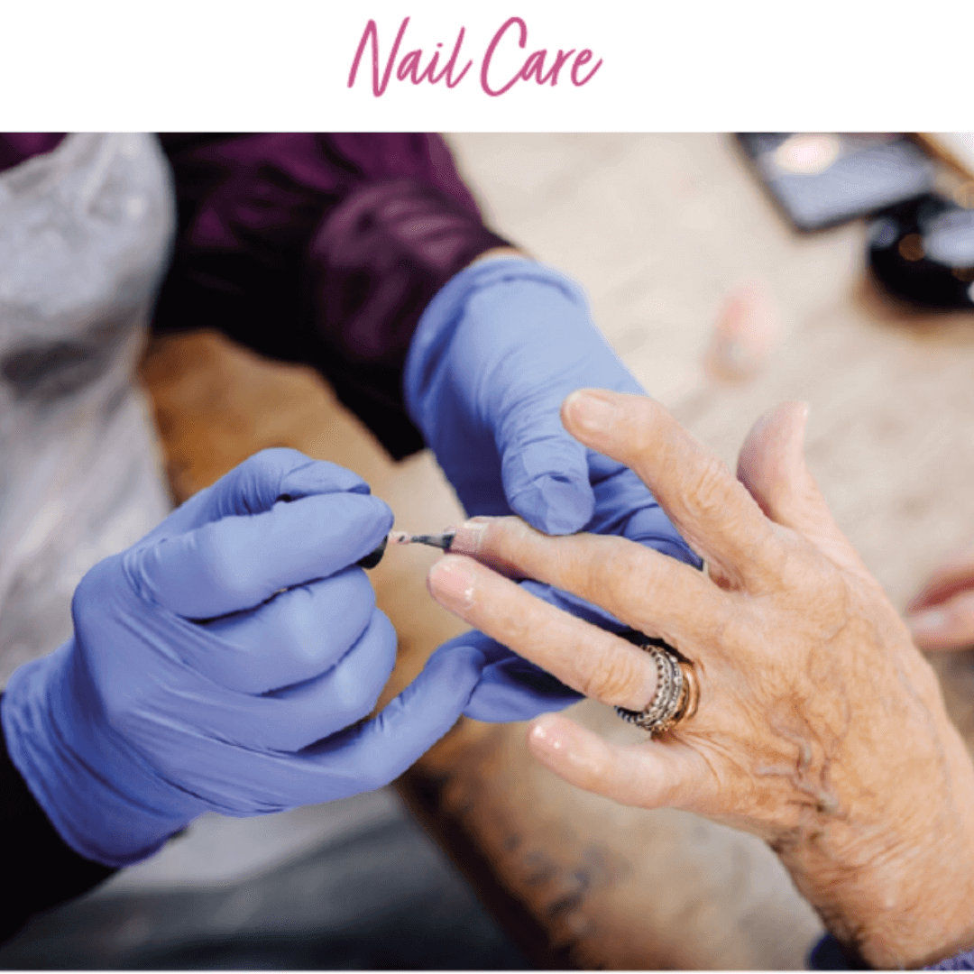 A person in blue gloves giving a manicure to another person under the title "Nail Care. - Home Instead