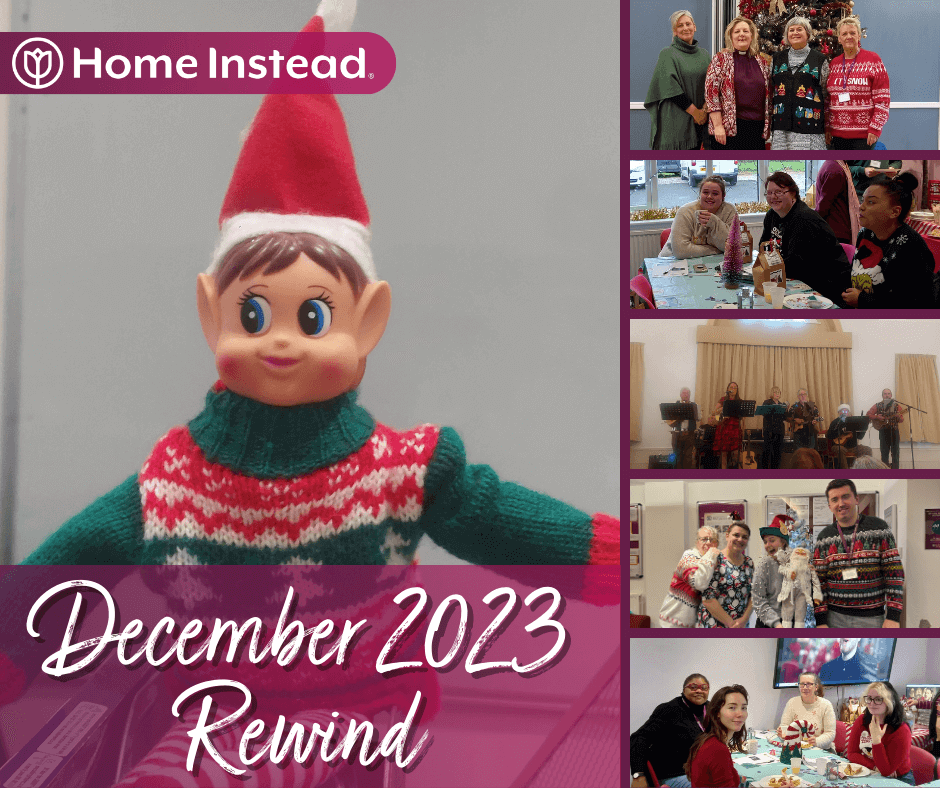 Collage of people celebrating with an elf doll, holiday apparel, and group photos. Text: Home Instead December 2023 Rewind. - Home Instead