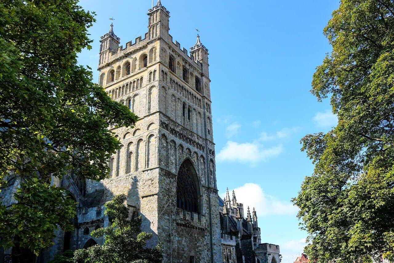 Stone cathedral with a large tower against a blue sky, framed by green tree branches in the foreground. - Home Instead