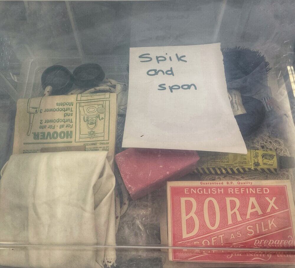 Various cleaning supplies, including Spic and Span, Borax, brushes, and cloths, displayed in a plastic container. - Home Instead