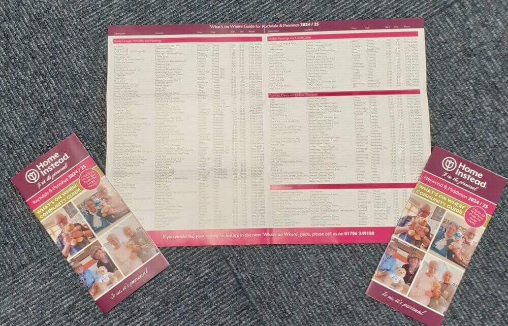 Two Home Instead pamphlets flank a detailed “What’s on Where” guide for older adults and parents on a carpeted floor. - Home Instead