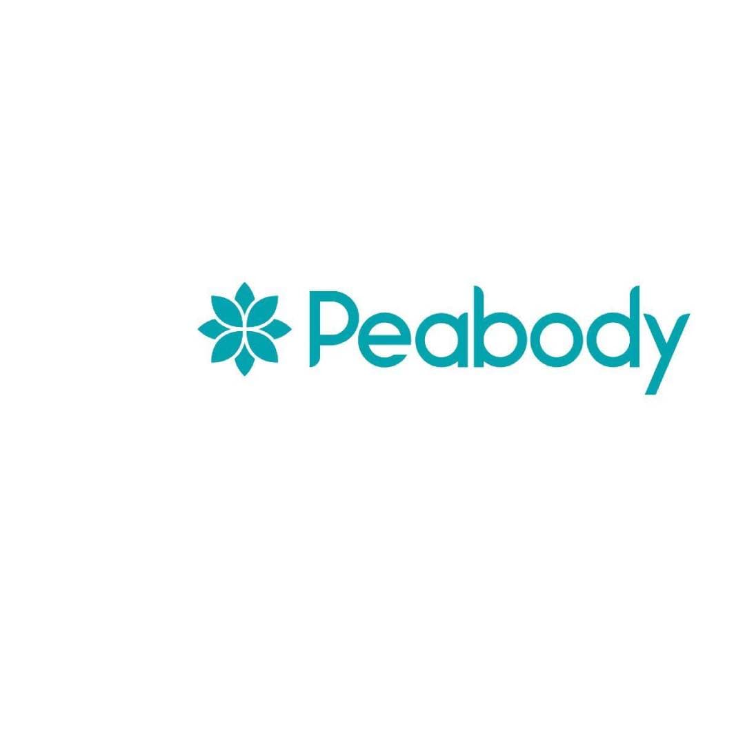 Turquoise flower-like logo next to the word "Peabody" in teal on a white background. - Home Instead