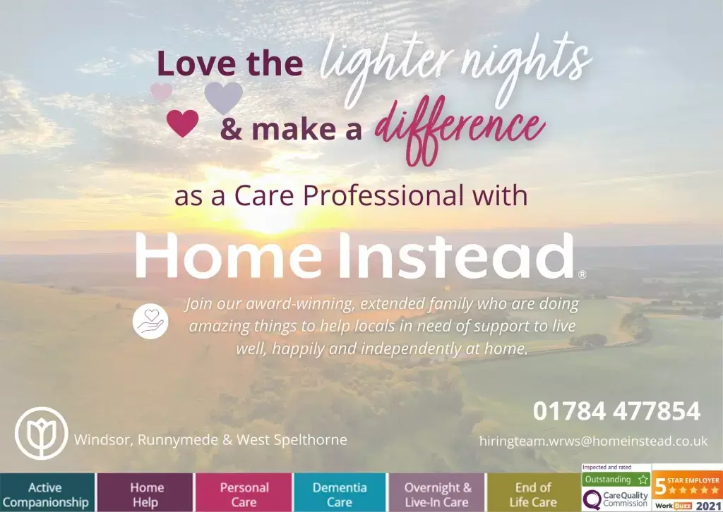Promotional flyer for Home Instead caregivers with a scenic background, contact details, and a call to join as a care professional. - Home Instead
