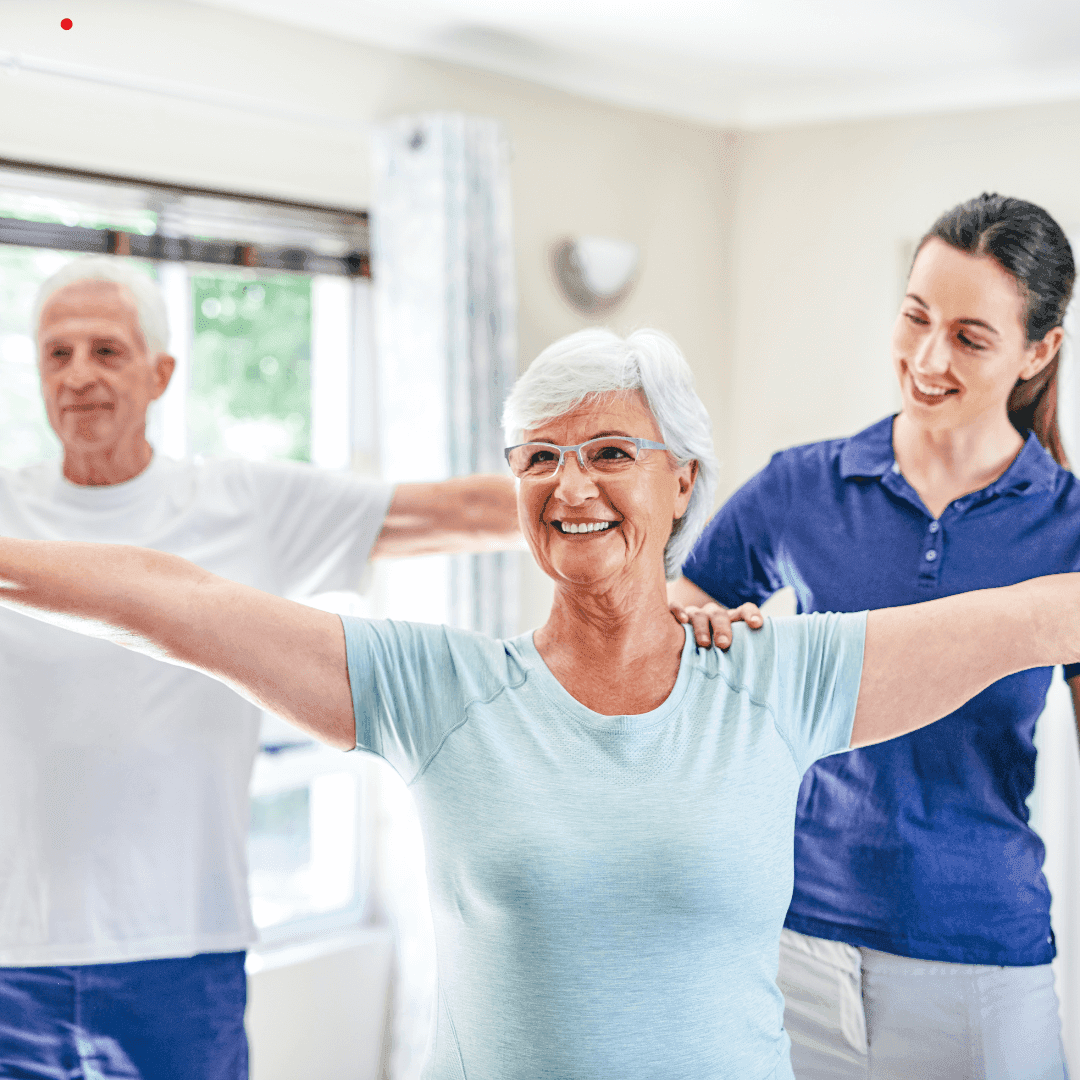 Happy older lady doing yoga with friends. - Home Instead