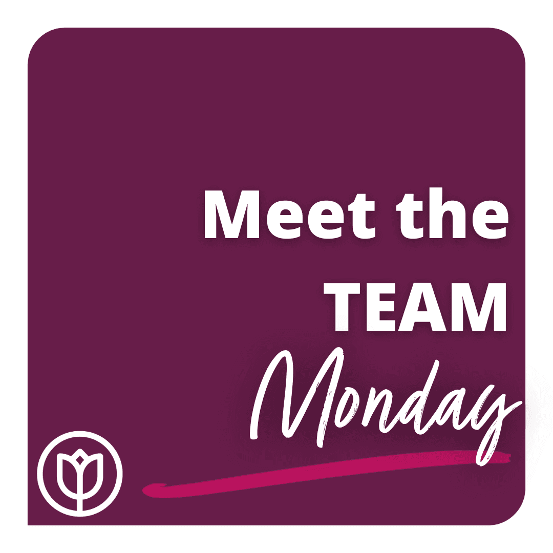 Purple square graphic with the text "Meet the TEAM Monday" and a white tulip icon in the bottom left corner. - Home Instead