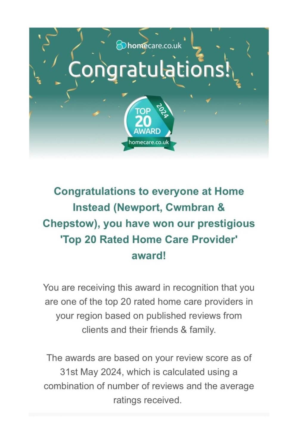 Award announcement for Home Instead, acknowledging their recognition as a Top 20 Rated Home Care Provider by homecare.co.uk. - Home Instead