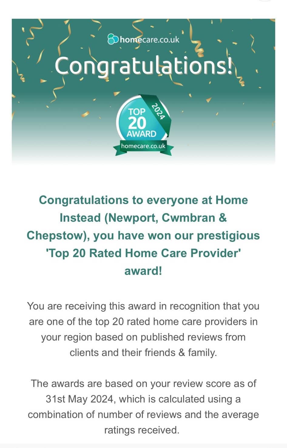 TOP 20 RATED HOME CARE PROVIDER FOR 6 YEARS