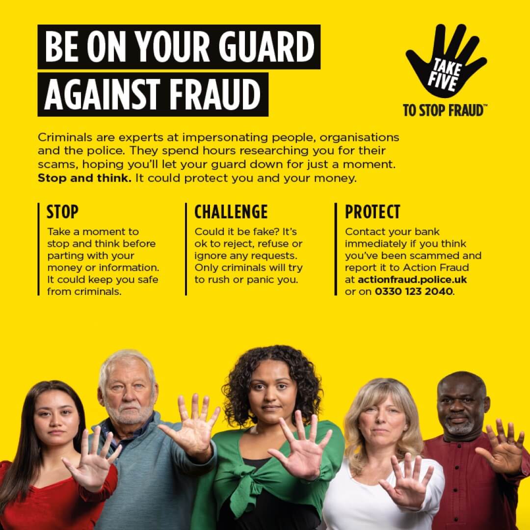 A diverse group of people holding their hands up with "Stop Fraud" advice: Stop, Challenge, Protect. "Be on Your Guard Against Fraud. - Home Instead
