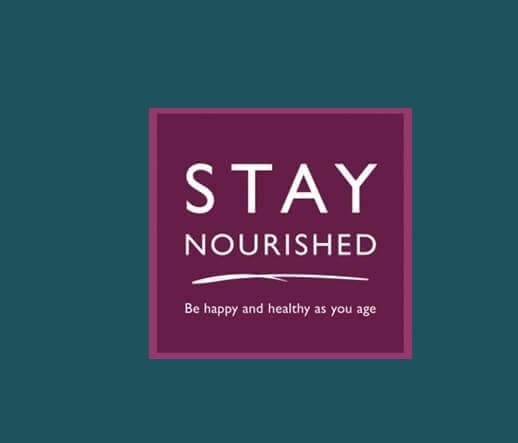Stay Nourished" text on a purple square background, with the phrase "Be happy and healthy as you age" underneath. - Home Instead