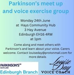 Flyer for Parkinson’s meet-up and voice exercise group on June 24 at 1 pm, Hays Community Hub, Edinburgh. - Home Instead