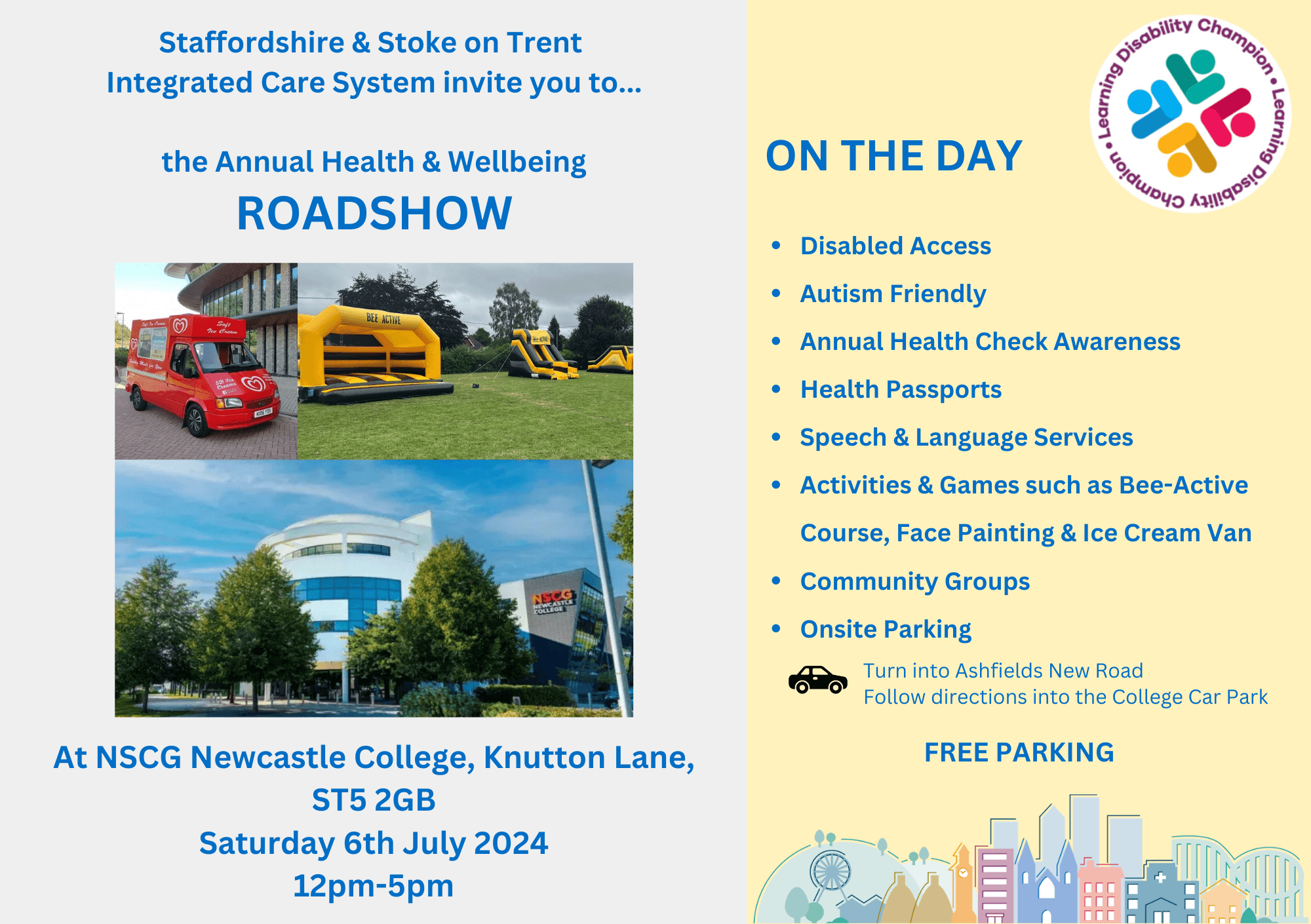 Flyer for the Annual Health & Wellbeing Roadshow on June 6th, 2024 at NSCG Newcastle College, 12pm-5pm. Free parking. - Home Instead