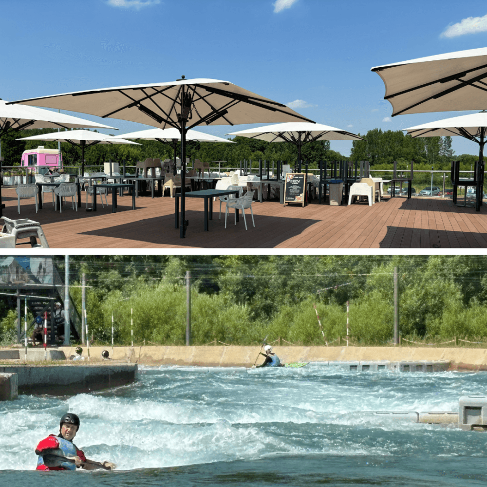 Two-part image: Top shows outdoor dining with umbrellas, bottom shows person kayaking in an artificial whitewater course. - Home Instead