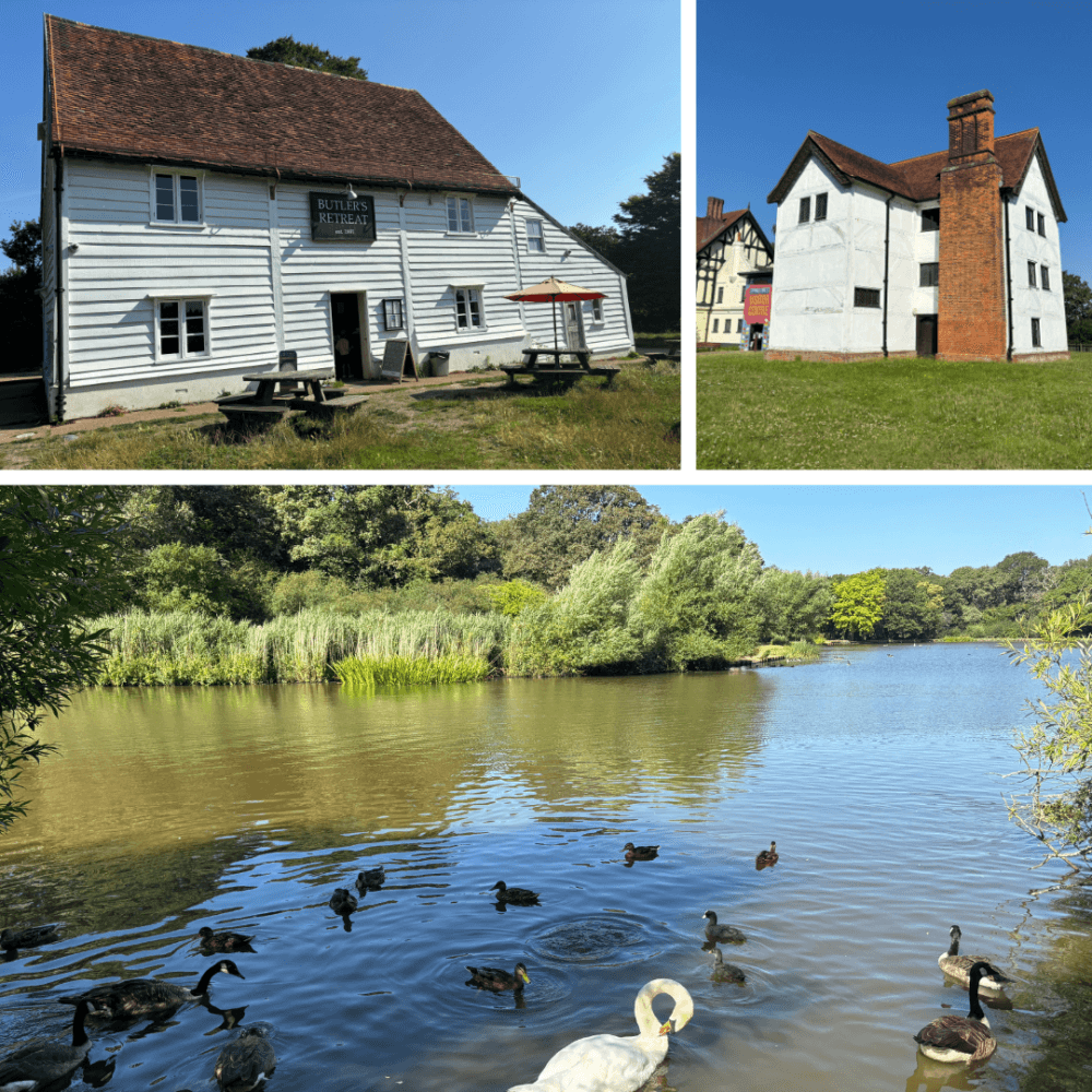 Collage: white timber-framed buildings, one with a sign; a red brick house; and a pond with swans and ducks. - Home Instead