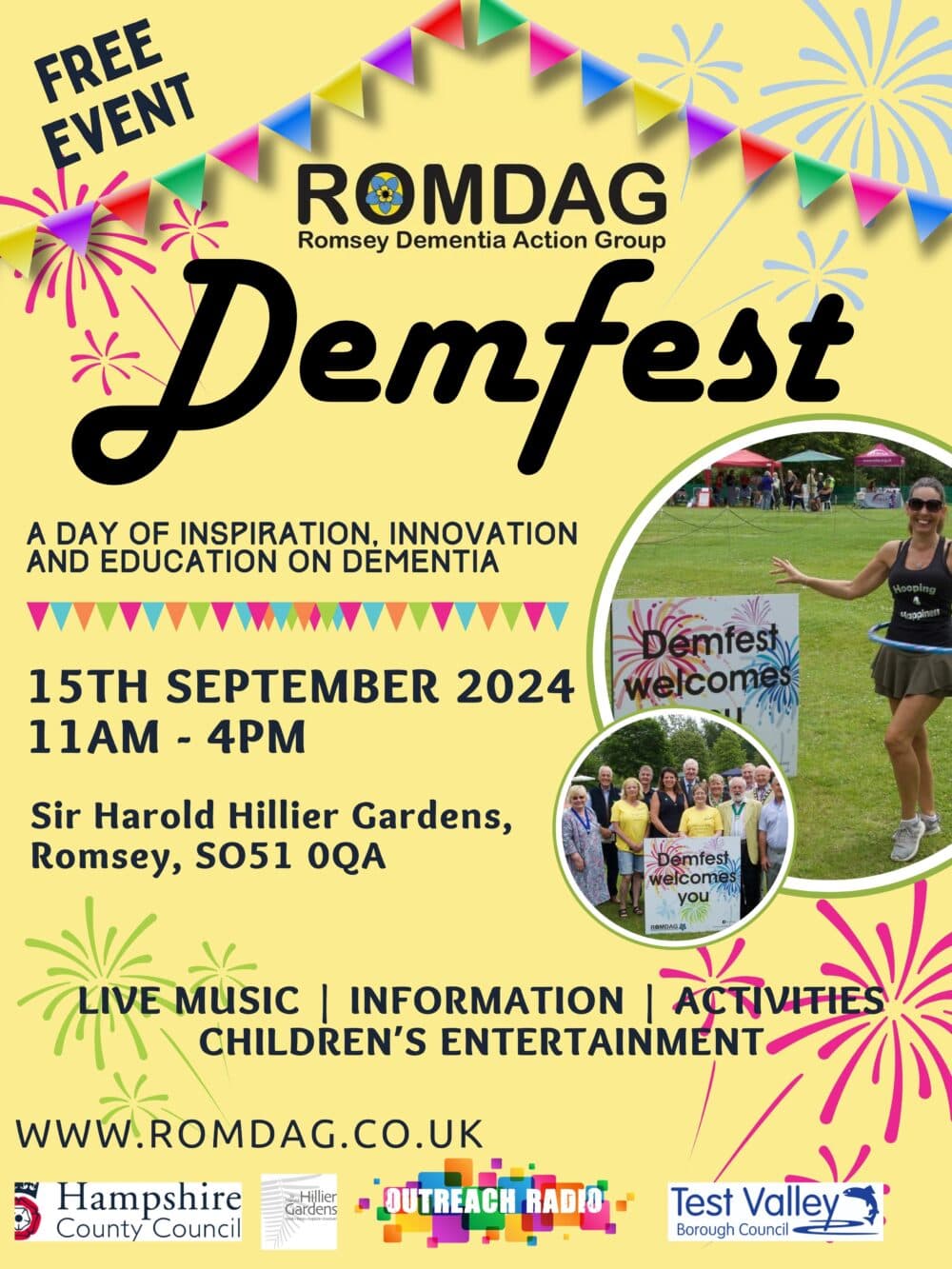 Event poster for Demfest 2024 featuring music, activities, education on dementia, and more. - Home Instead