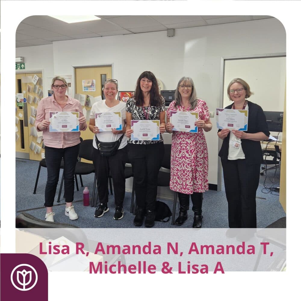 Five people holding certificates, smiling in an office setting. Names are displayed below the image. - Home Instead