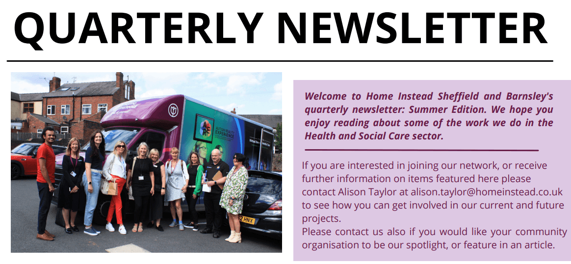 Group of people standing by a colorful bus, with text about a quarterly newsletter for Home Instead Sheffield and Barnsley. - Home Instead