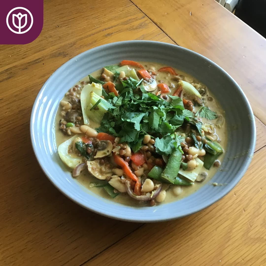 Image of a homemade Thai green curry made by a care pro. It shows lots of vegetables. Looks delicious.