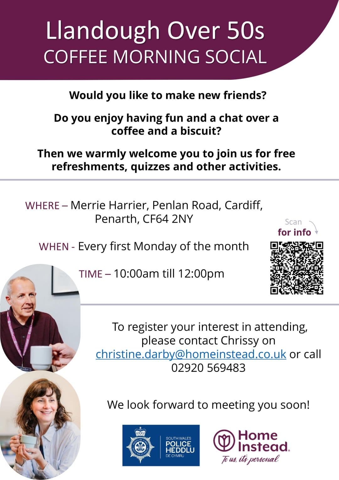 Flyer for Llandough Over 50s coffee morning with event details and contact info. - Home Instead