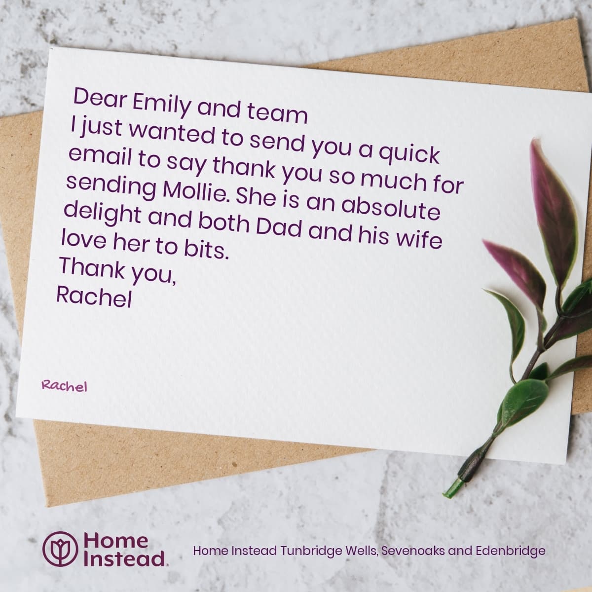 A thank you card on a table with a small plant beside it. - Home Instead