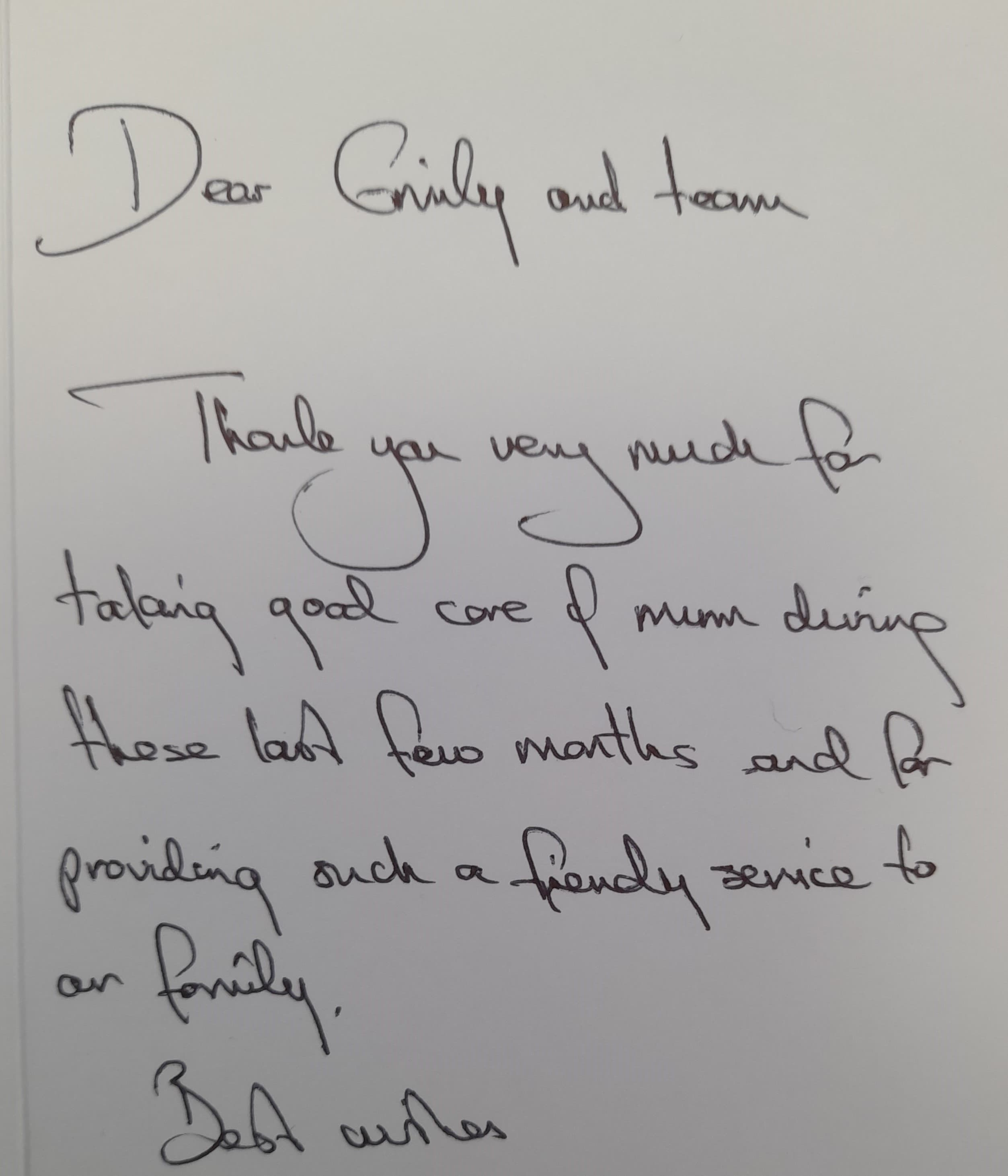 Handwritten note expressing gratitude for caring for someone's mom and providing friendly service. - Home Instead