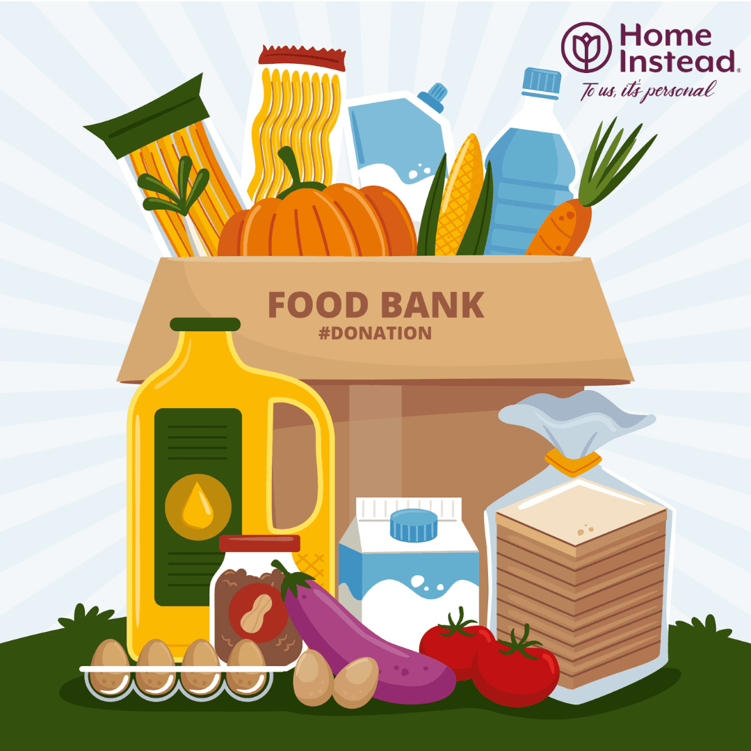 Illustration of a food donation box with vegetables, oil, and drinks, labelled "Food Bank #Donation". - Home Instead