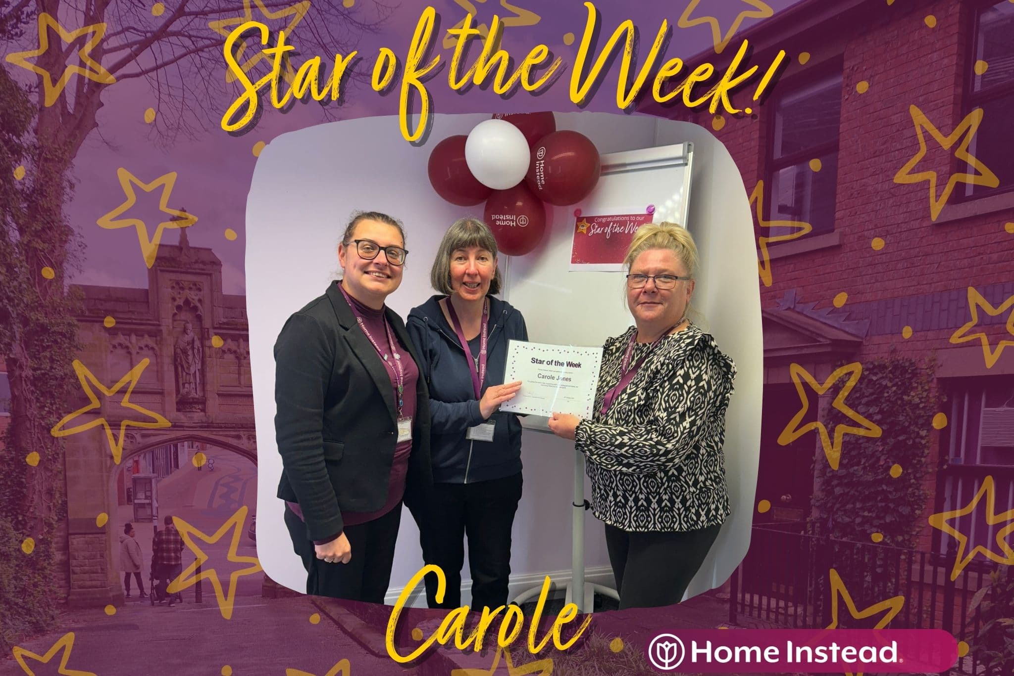 The Home Instead West Lancashire and Chorley team presenting Carole with her Star of the Week Award