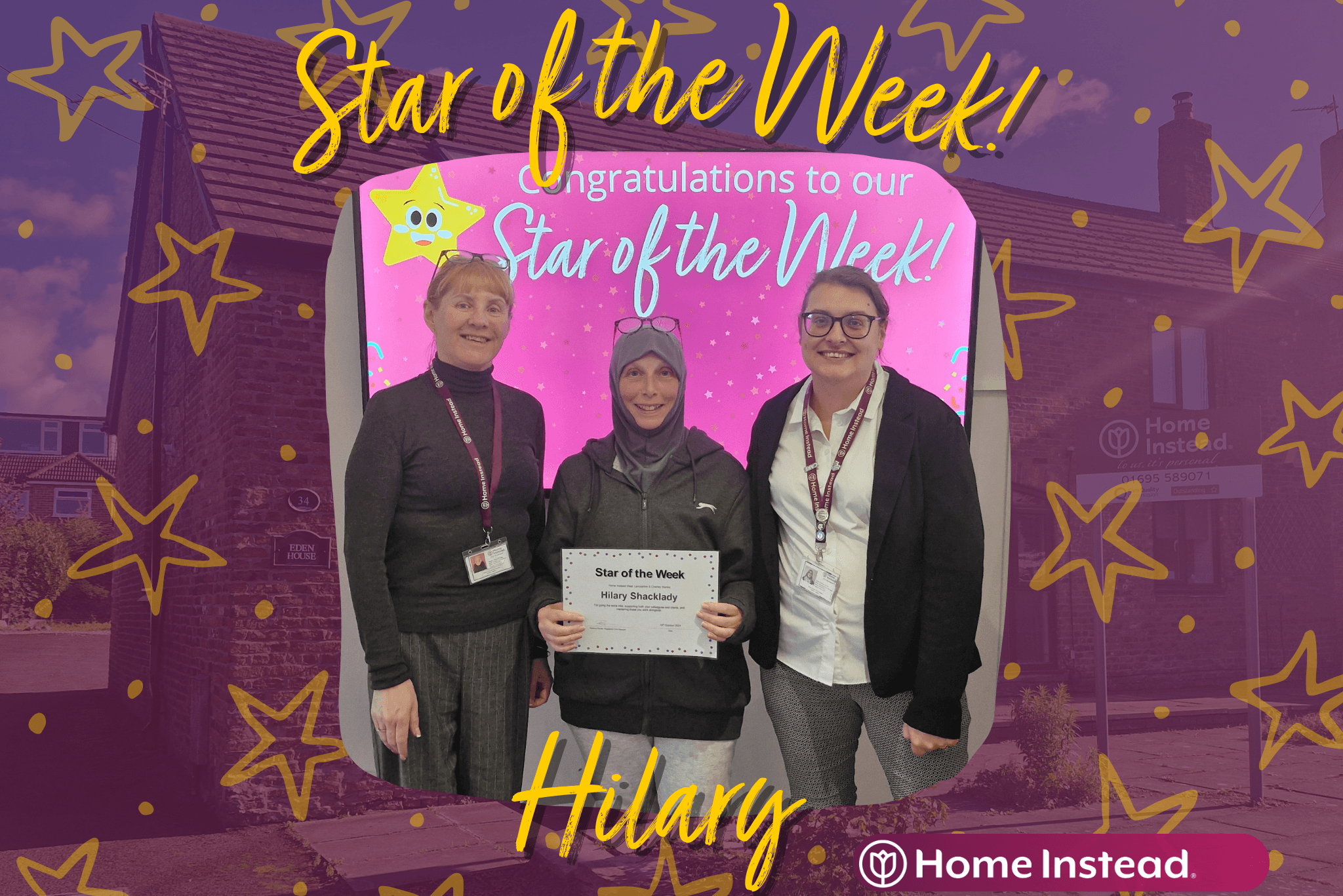 Care Professional holding their certificate for Star of the Week, pictured with Managers from Home Instead West Lancashire and Chorley
