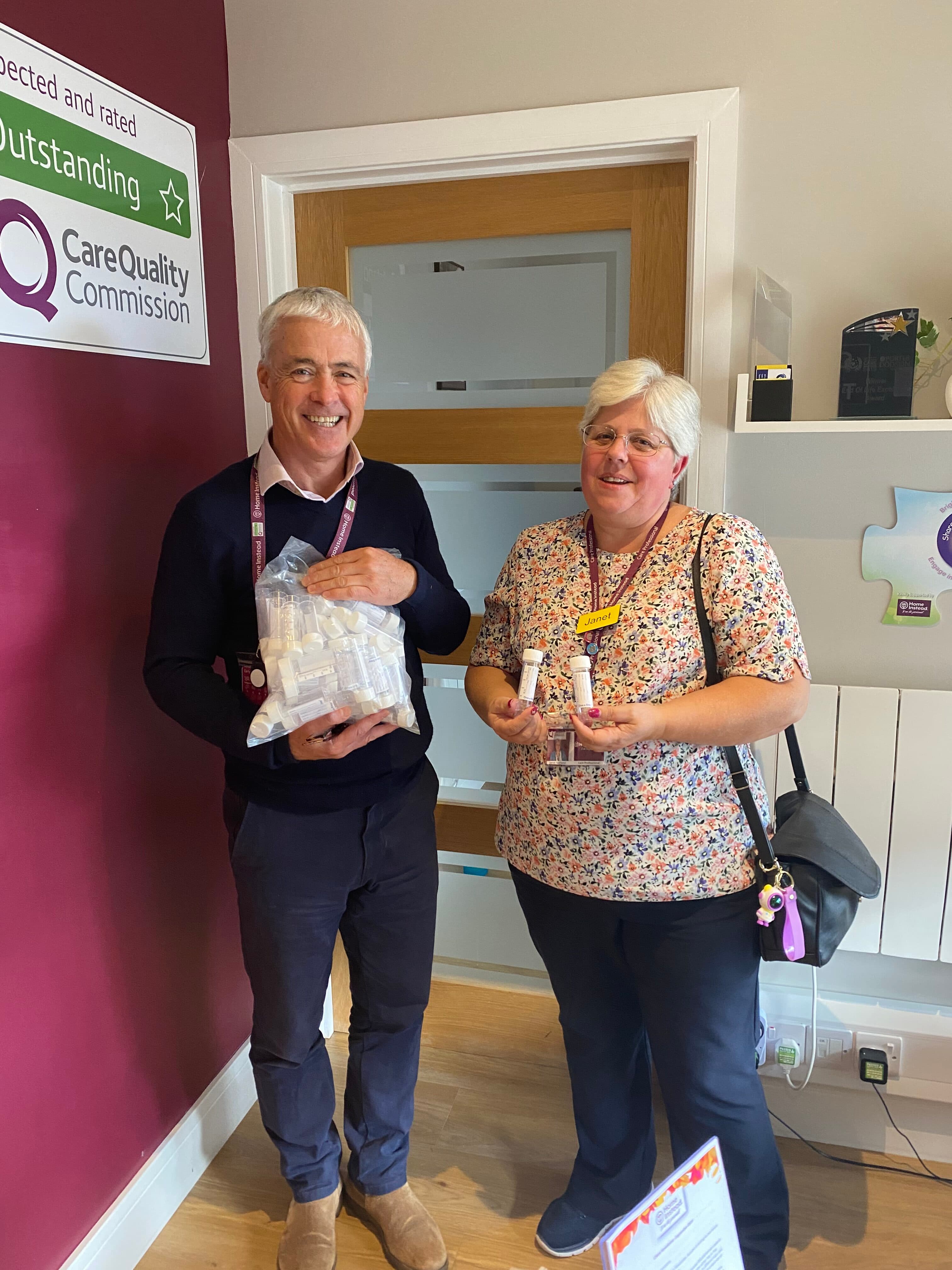 Care pro collecting urine bottles as part of detecting early warning signs in home care clients