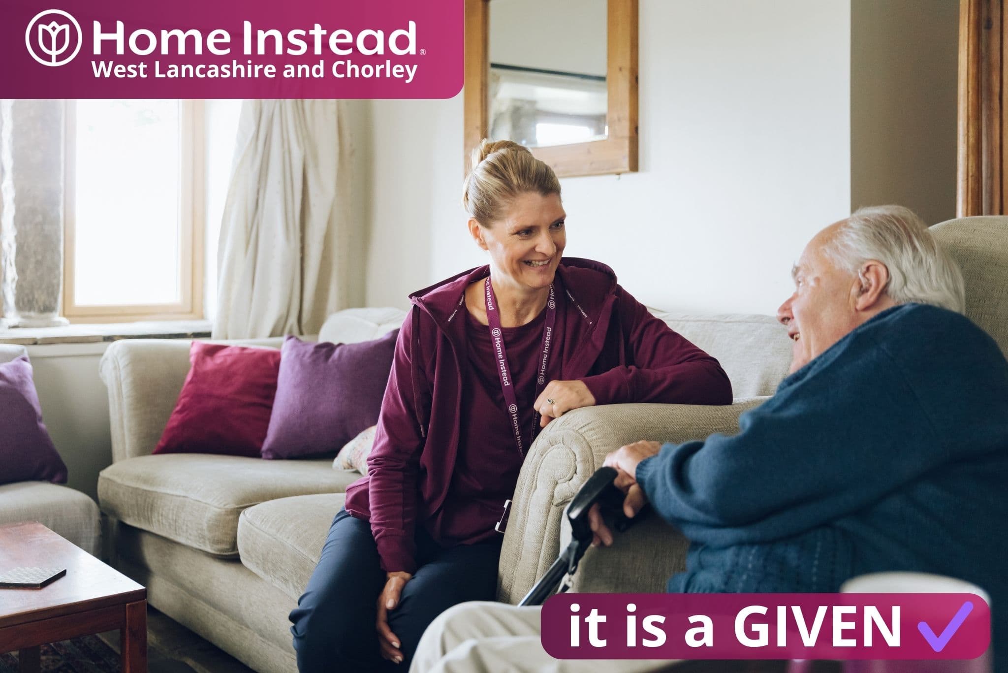 Care Professional with Client, communicating with a smile