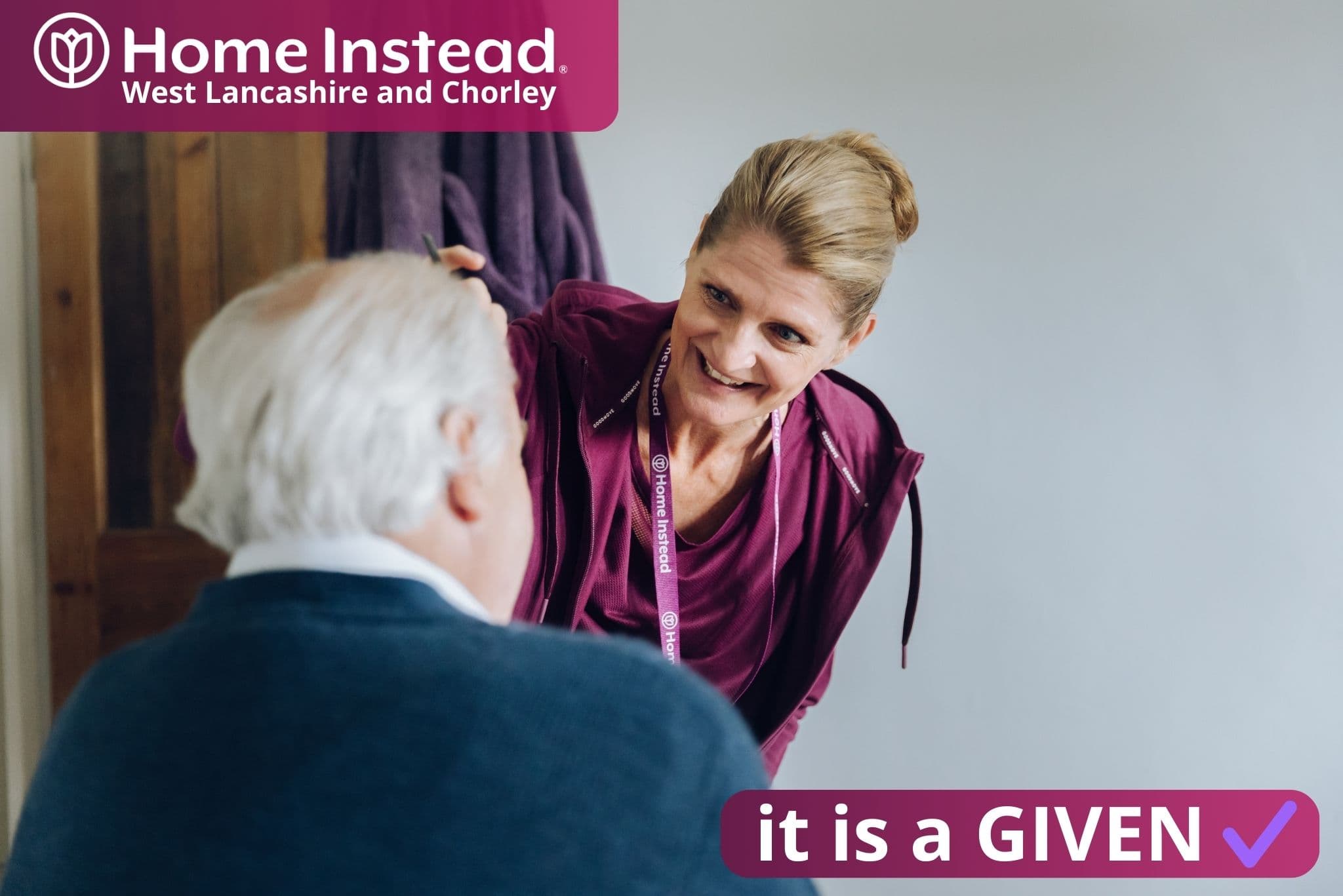 Home Instead Care Professional from West Lancashire and Chorley combing the hair of a client through dignified and respectful care