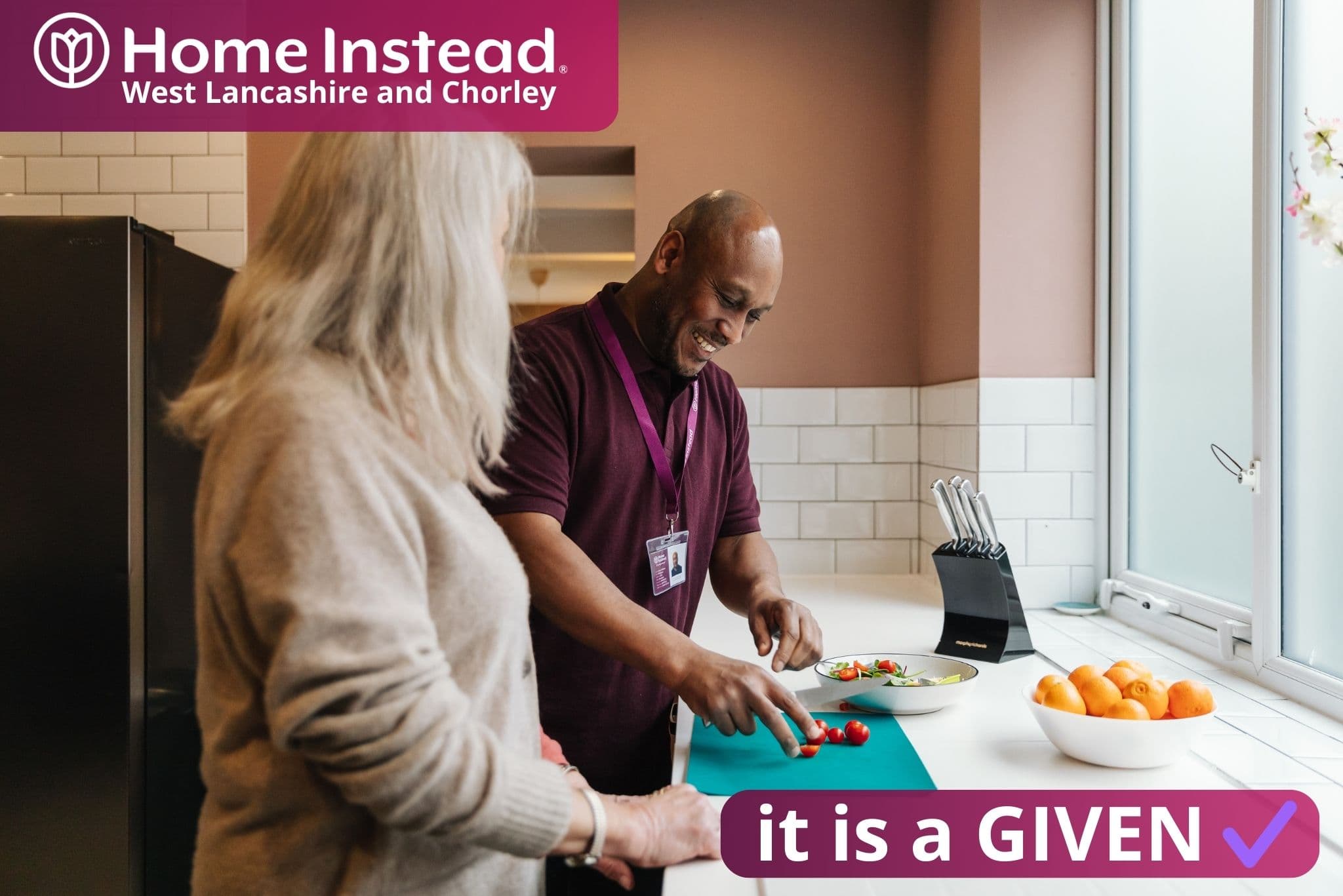 home instead care professional and client together preparing food, as part of risk assessments and safety