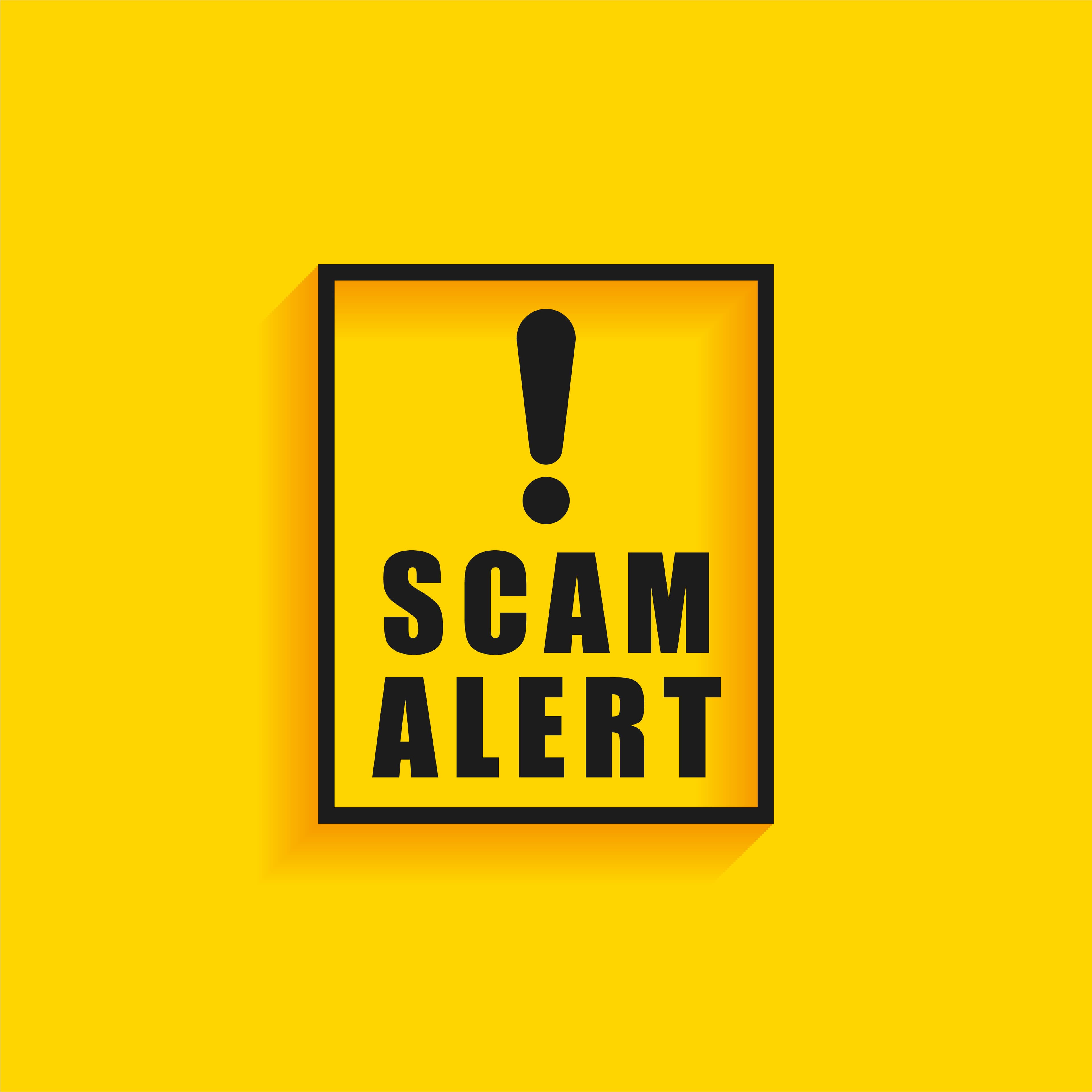 Yellow background with a black exclamation mark above the bold words "Scam Alert" inside a black box. - Home Instead