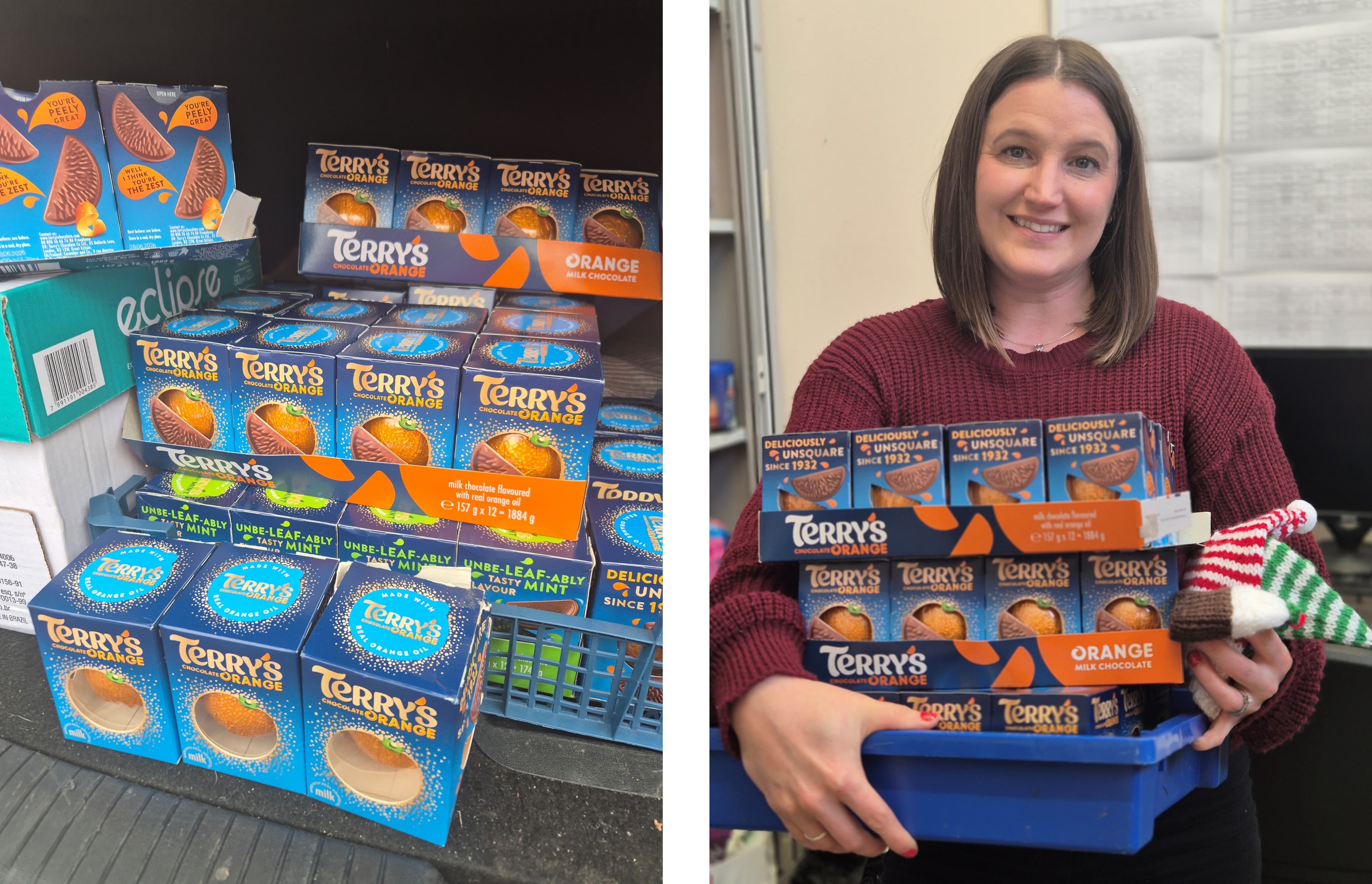 Boxes of Terry’s Chocolate Orange stacked on shelves and held by a smiling woman in a red sweater. - Home Instead