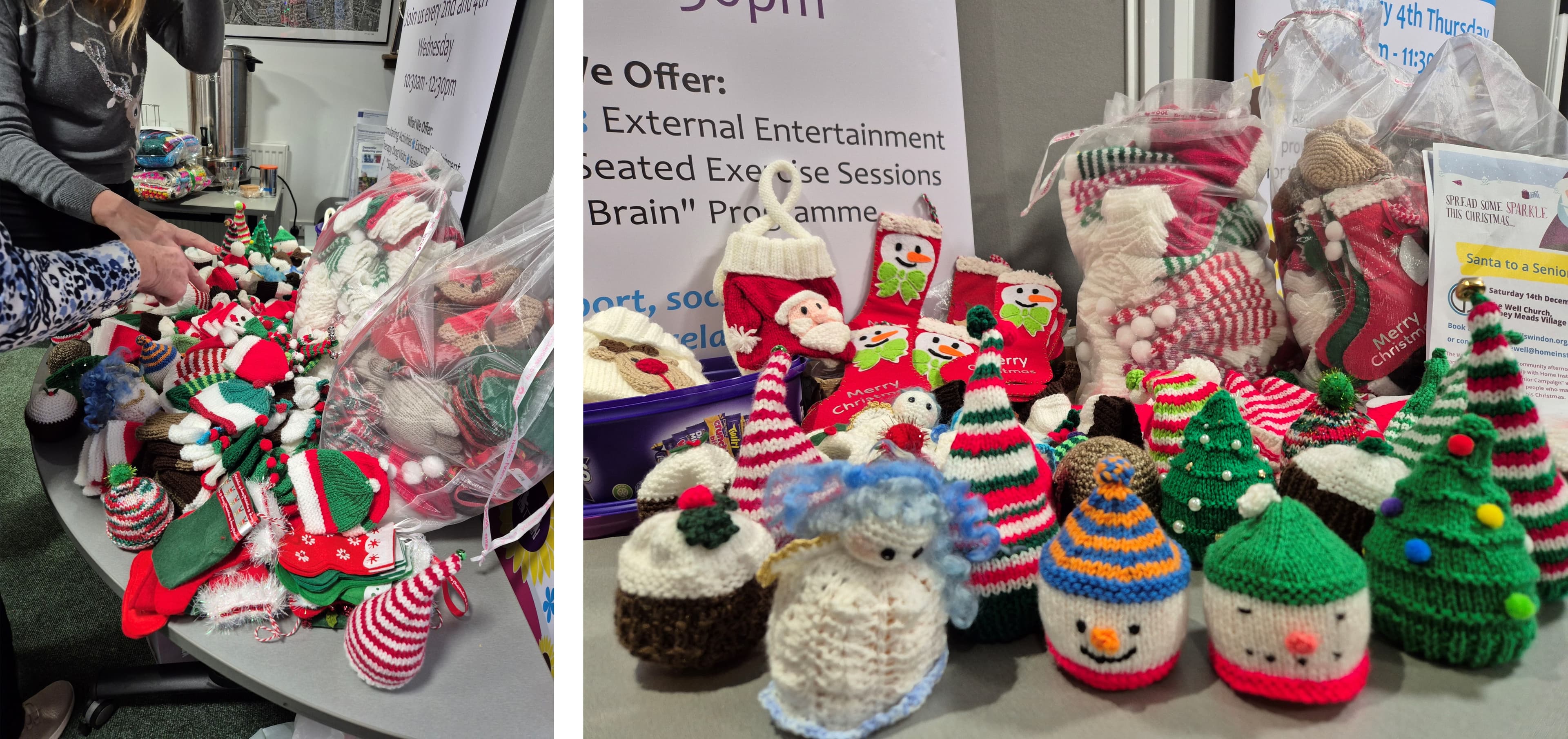 Christmas-themed knitted decorations and toys are displayed on a table at a festive craft fair. - Home Instead