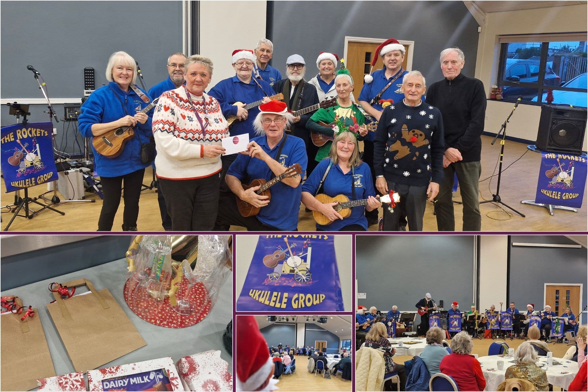 home instead west lancashire and chorley festive afternoon at christ church ministry centre. Pictures of rockets ukulele group and the prizes that had been donated