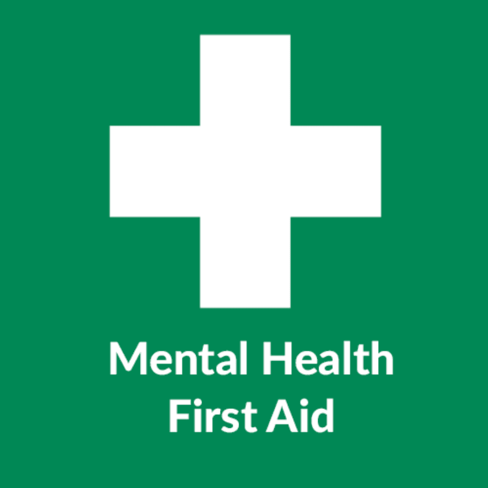 White medical cross above the words "Mental Health First Aid" on a green background. - Home Instead