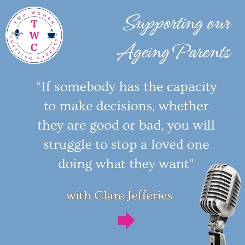 Podcast promo with quote about ageing parents, Two Women Chatting logo, and a microphone on a blue background. - Home Instead