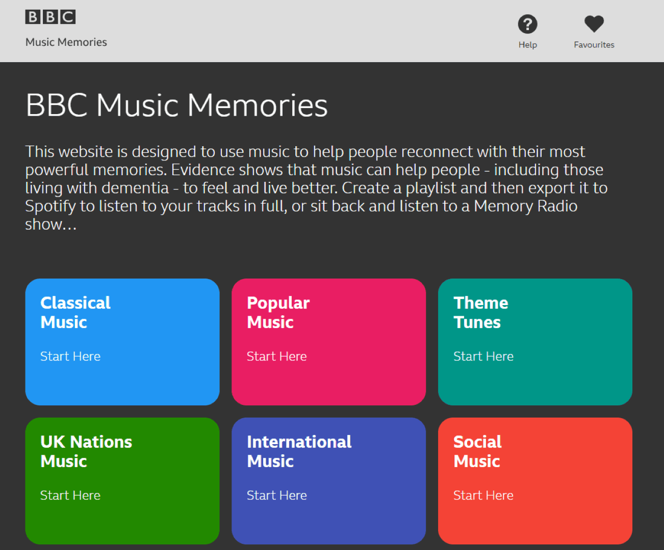 BBC Music Memories homepage with category buttons for different music genres on a dark background. - Home Instead