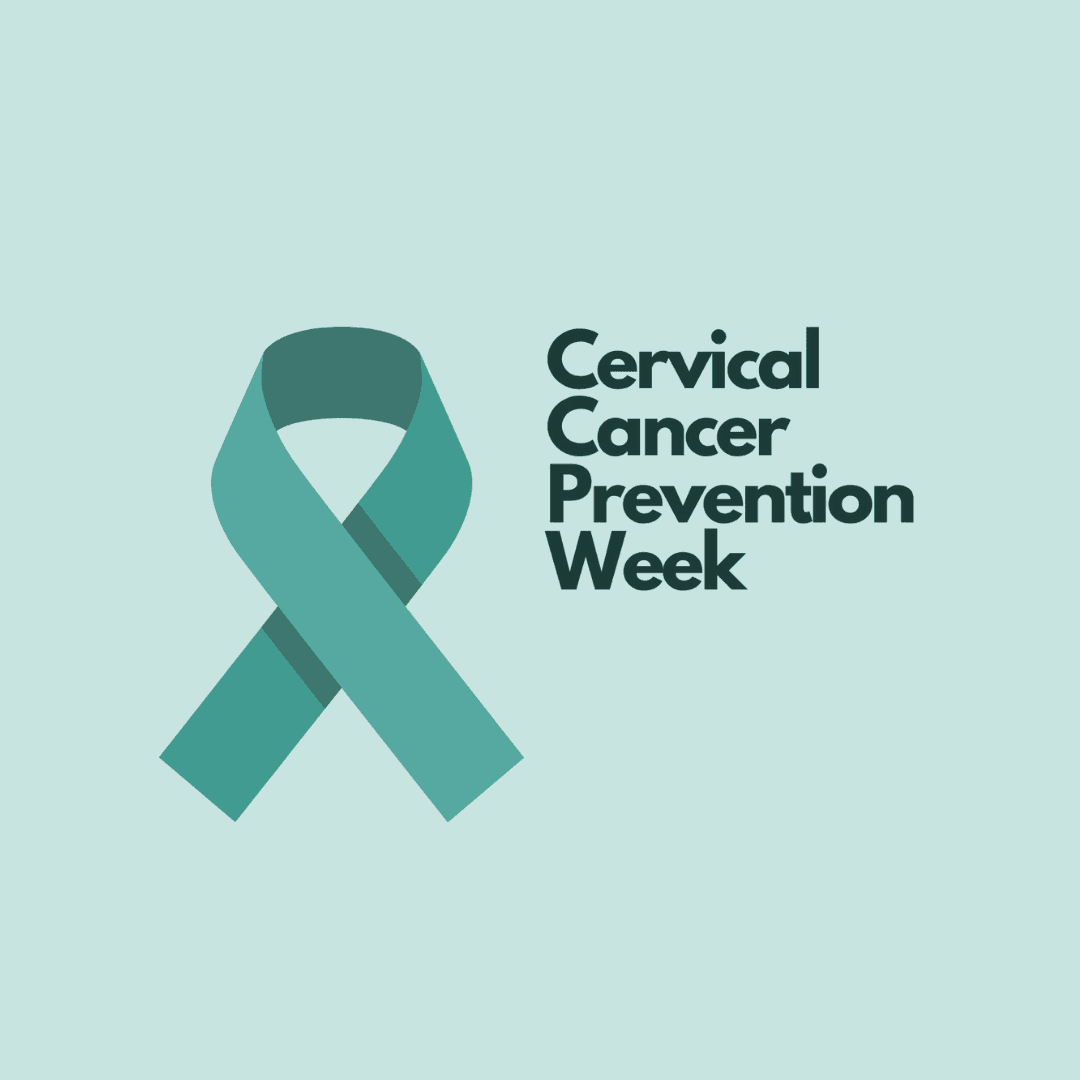 Teal ribbon next to the text "Cervical Cancer Prevention Week" on a light blue background. - Home Instead